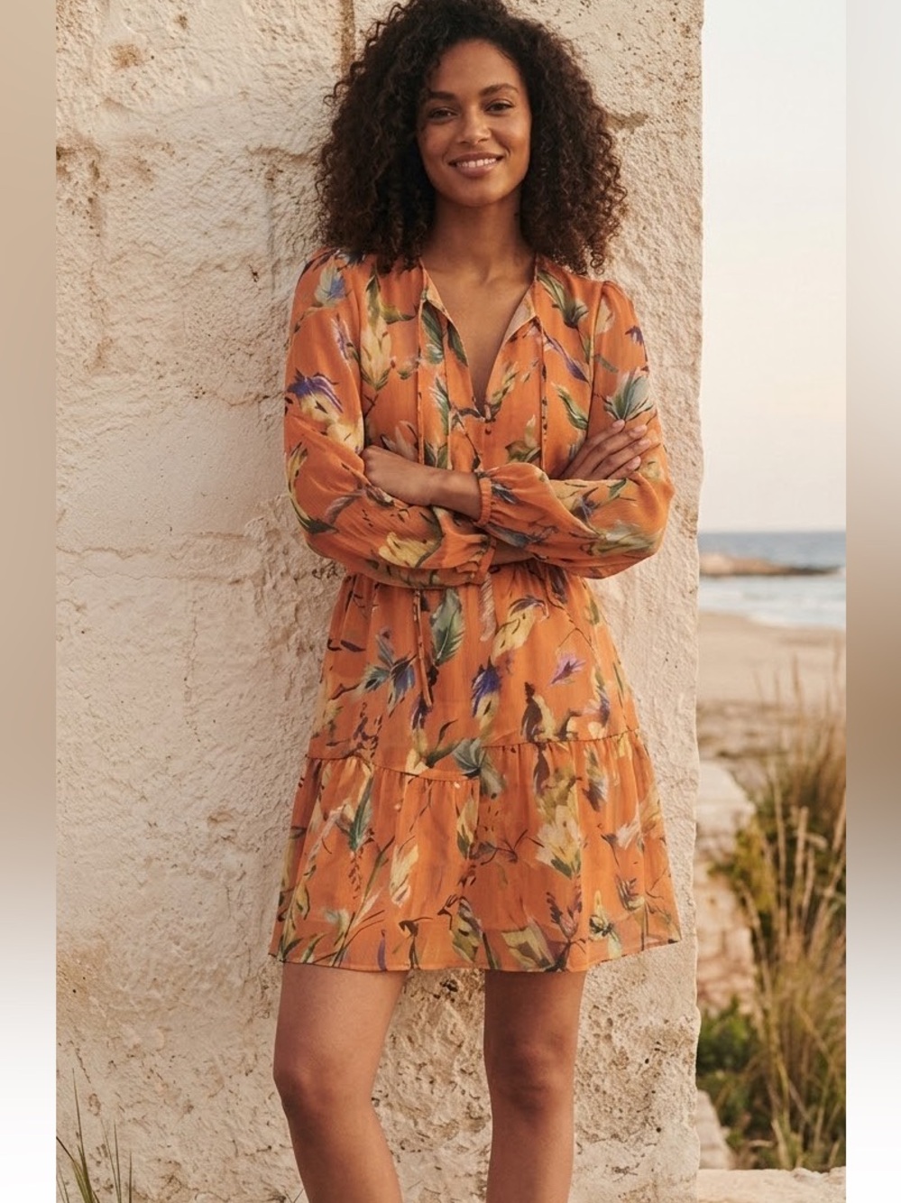 Anthropologie Greylin Peach Floral Pleated Chiffon Tiered Mini Dress Small Boho